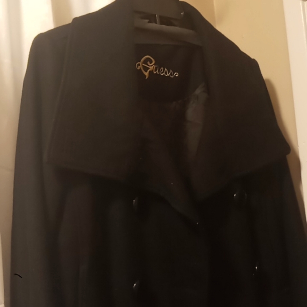 GUESS Pea Coat Women Large Black Waist Belt Wool Shell Lined Jacket Gold Button